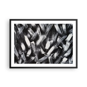 Póster en marco negro - Abstracción dinámica con pinceladas blancas sobre fondo negro. - 70x50cm - Abstracción en el espíritu industrial - Decoración de pared moderna para salón y dormitorio ARTTOR