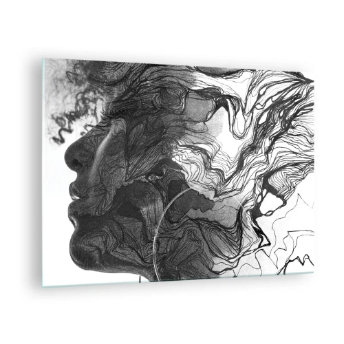 Cuadro sobre vidrio - Impresiones sobre Vidrio - Silueta en blanco y negro de una mujer con líneas abstractas. - 70x50cm - Enredada en sueños - Decoración de pared moderna para salón y dormitorio ARTTOR