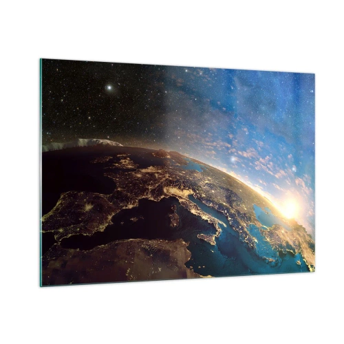 Cuadro sobre vidrio - Impresiones sobre Vidrio - Una vista de la Tierra desde el espacio con el amanecer visible. - 100x70cm - Mirémonos a nosotros mismos desde la distancia - Decoración de pared moderna para salón y dormitorio ARTTOR