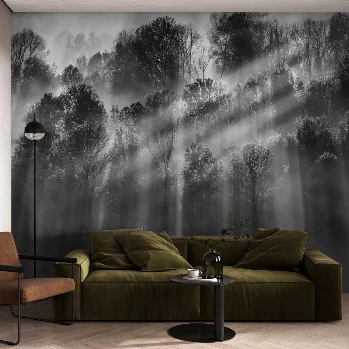 Fotomural Premium Canvas - En los flujos de luz - Paisaje, Bosque, En blanco y negro - 250x175 cm