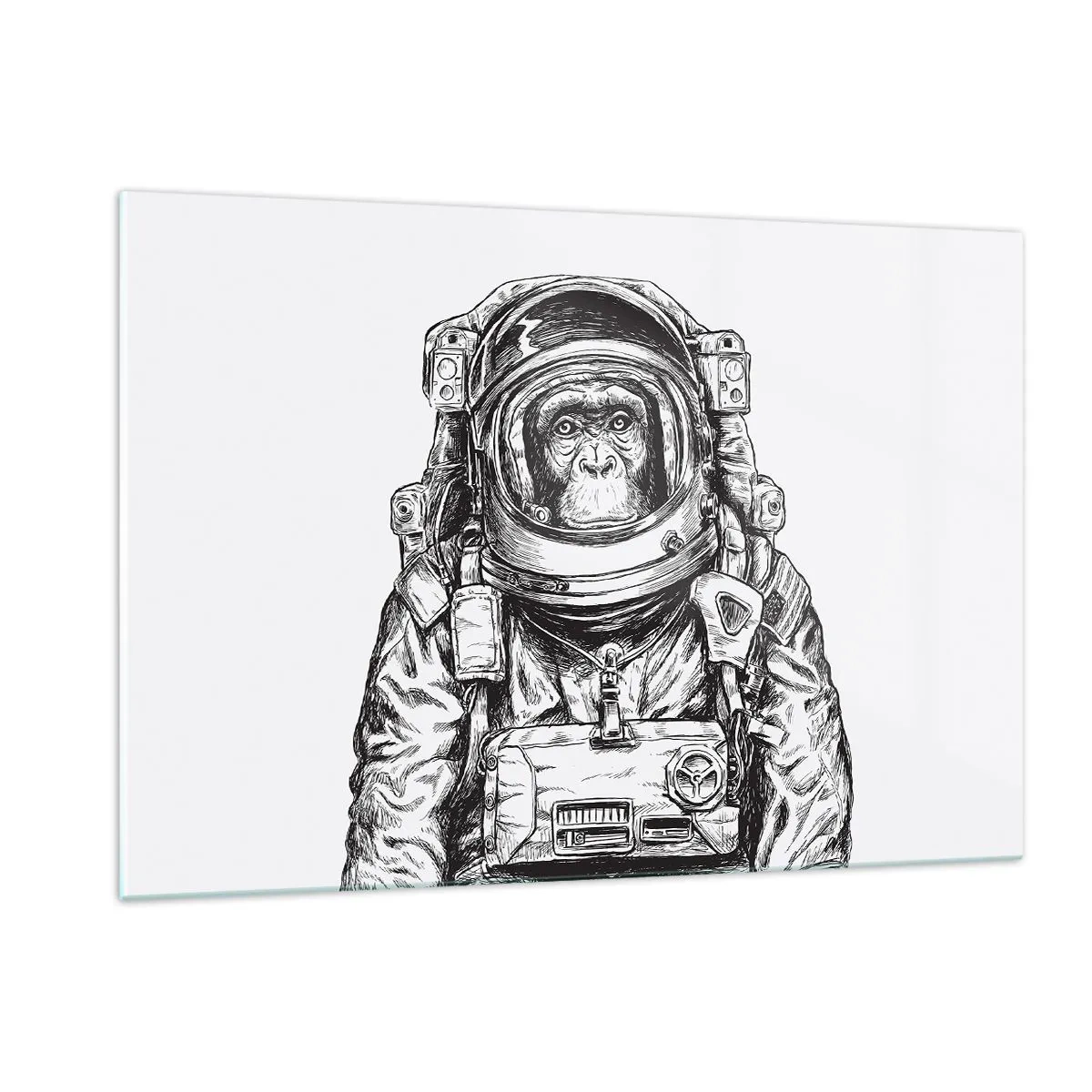 Cuadro sobre vidrio - Impresiones sobre Vidrio - Boceto de un mono con traje de astronauta sobre un fondo blanco. - 120x80cm - Evolución alternativa - Decoración de pared moderna para salón y dormitorio ARTTOR