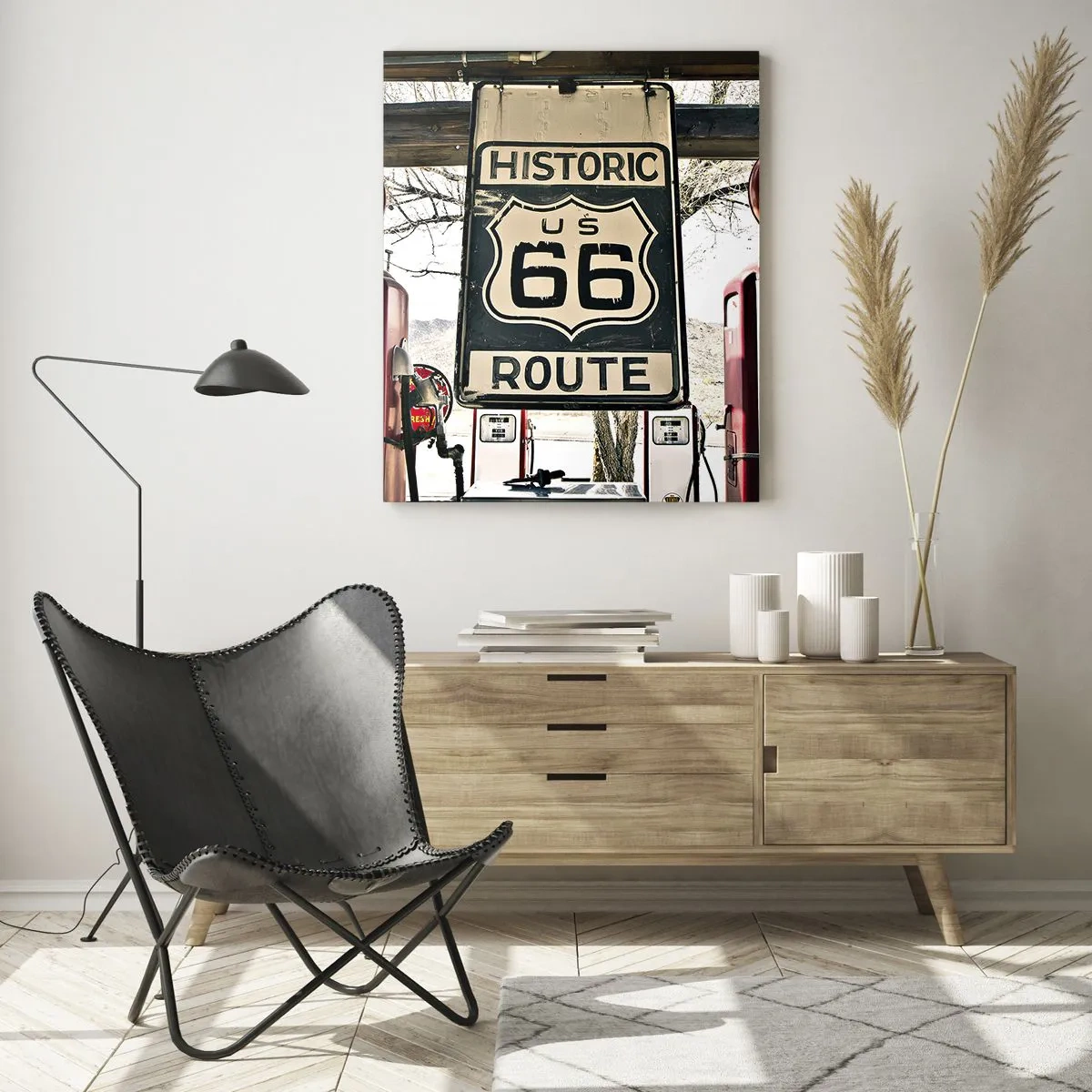 Cuadro sobre vidrio - Impresiones sobre Vidrio - Surtidores de gasolina antiguos y letrero de la Ruta 66 - 50x70cm - Un viaje retro americano - Decoración de pared moderna para salón y dormitorio ARTTOR