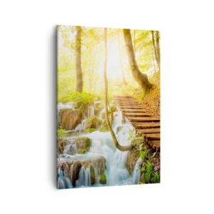 Cuadro sobre lienzo - Impresión de Imagen - Camino forestal con escaleras de madera junto a la cascada. - 50x70cm - El ansiado frescor - Decoración de pared moderna para salón y dormitorio ARTTOR