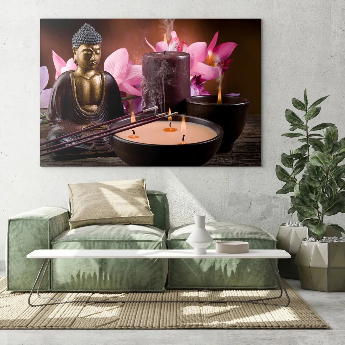 Cuadro sobre vidrio - Impresiones sobre Vidrio - Composición de relajación con Buda, velas y flores. - 70x50cm - Despejar la mente, calmar el cuerpo - Decoración de pared moderna para salón y dormitorio ARTTOR