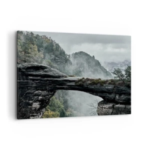 Cuadro sobre lienzo - Impresión de Imagen - Un arco de piedra rodeado de montañas brumosas y bosques. - 100x70cm - La aventura está a punto de comenzar - Decoración de pared moderna para salón y dormitorio ARTTOR