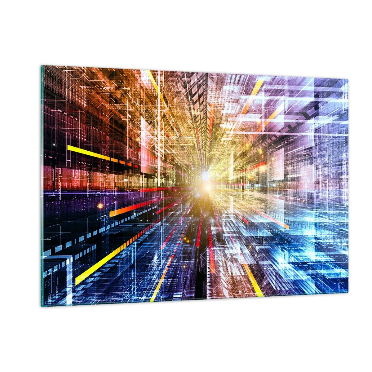 Cuadro sobre vidrio - Impresiones sobre Vidrio - Visión abstracta con líneas de colores y luz. - 120x80cm - Un pasillo luminoso - Decoración de pared moderna para salón y dormitorio ARTTOR