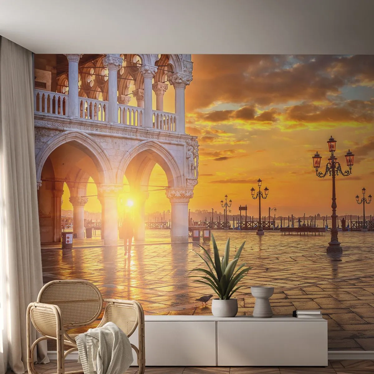 Fotomural Premium Sand - Plaza de San Marcos en Venecia al atardecer - 100x70cm - ¿Dónde están todos? - Decoración de pared moderna para salón y dormitorio ARTTOR