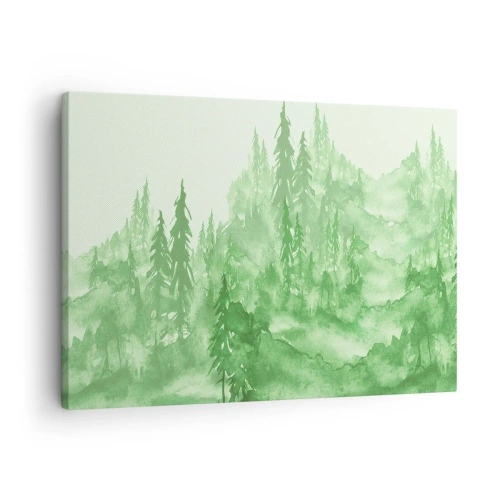 Cuadro sobre lienzo - Impresión de Imagen - Bosque verde en estilo acuarela sobre un fondo claro - 70x50cm - Difuminado con niebla verde - Decoración de pared moderna para salón y dormitorio ARTTOR