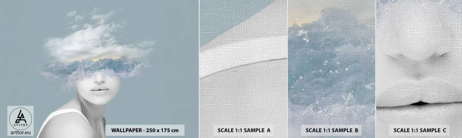 Muestra de fotomural Premium Canvas - Con la cabeza en las nubes - Brillante, Retrato, Nubes - 100x30 cm