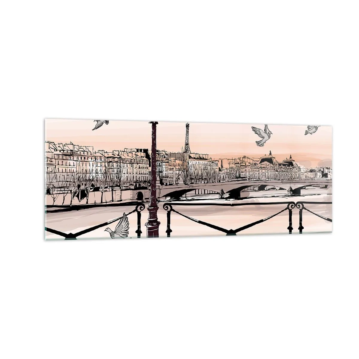 Cuadro sobre vidrio - Impresiones sobre Vidrio - Vista parisina con una linterna y un puente. - 140x50cm - Sobre los tejados de París - Decoración de pared moderna para salón y dormitorio ARTTOR