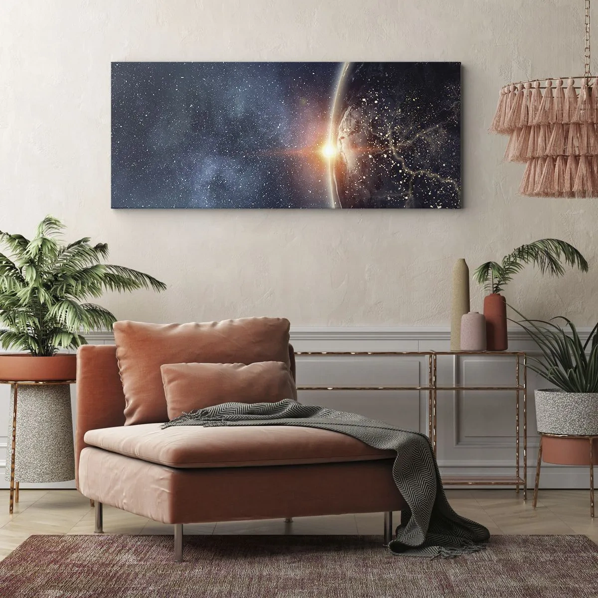 Cuadro sobre lienzo - Impresión de Imagen - La Tierra vista desde el espacio con el sol naciente - 140x50cm - En una nueva perspectiva - Decoración de pared moderna para salón y dormitorio ARTTOR