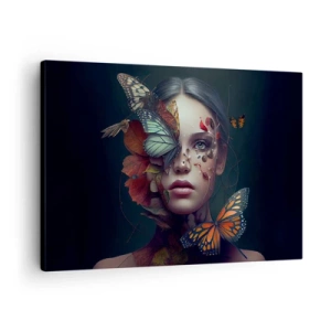 Cuadro sobre lienzo - Impresión de Imagen - Retrato de una mujer con mariposas y elementos vegetales. - 70x50cm - Una metamorfosis maravillosa - Decoración de pared moderna para salón y dormitorio ARTTOR