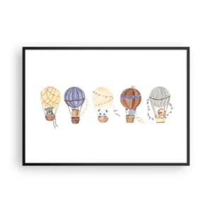 Póster en marco negro - Lindos animales en globos sobre un fondo blanco. - 100x70cm - Amigos de viaje - Decoración de pared moderna para salón y dormitorio ARTTOR