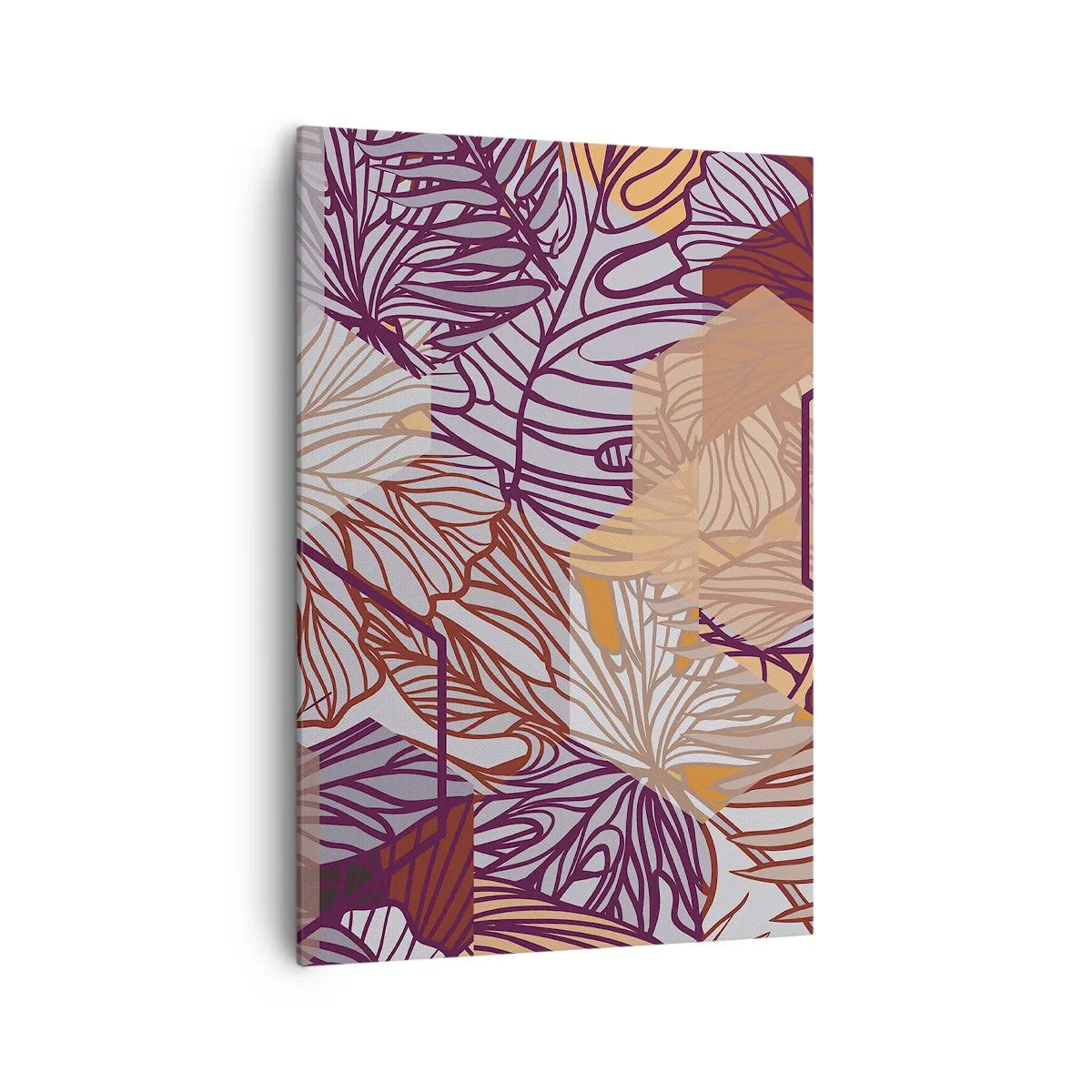 Cuadro sobre lienzo - Impresión de Imagen - Un patrón decorativo de hojas tropicales en tonos morado, naranja y beige. - 70x100cm - La unión imposible de la geometría y la naturaleza - Decoración de pared moderna para salón y dormitorio ARTTOR