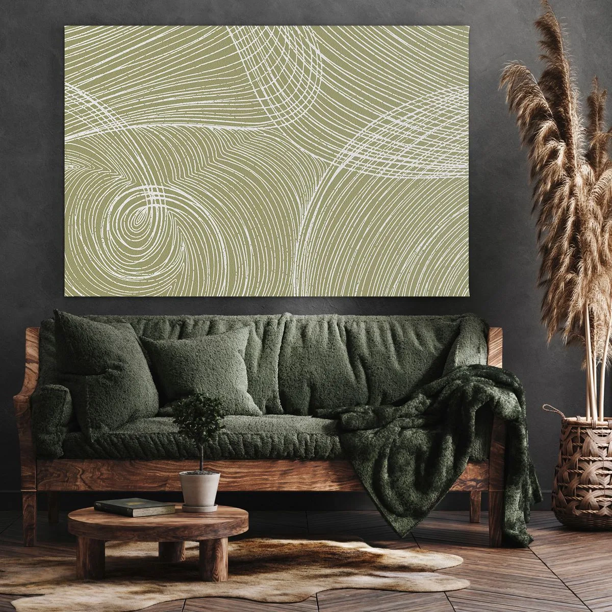 Cuadro sobre lienzo - Impresión de Imagen - Líneas verdes y blancas en una composición abstracta. - 70x50cm - Abstracción intrincada en blanco - Decoración de pared moderna para salón y dormitorio ARTTOR