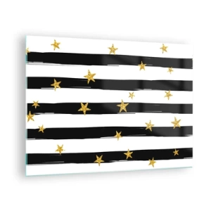 Cuadro sobre vidrio - Impresiones sobre Vidrio - Rayas blancas y negras con estrellas doradas - 70x50cm - Todos hemos nacido bajo una estrella de la suerte - Decoración de pared moderna para salón y dormitorio ARTTOR