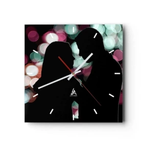 Reloj de pared - Reloj de vidrio - Siluetas de una pareja sobre un fondo de luces bokeh de colores - 30x30cm - ¡Sí! - Decoración de pared moderna para salón y dormitorio ARTTOR