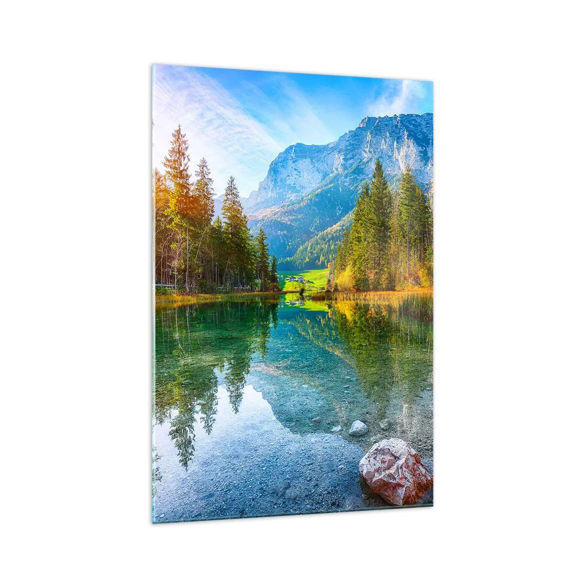 Cuadro sobre vidrio - Impresiones sobre Vidrio - Un pintoresco lago rodeado de montañas y bosques. - 70x100cm - La dulzura del otoño - Decoración de pared moderna para salón y dormitorio ARTTOR