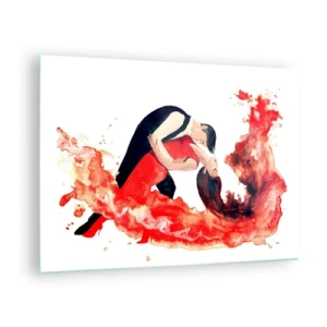 Cuadro sobre vidrio - Impresiones sobre Vidrio - Una pareja bailando en una composición dinámica de acuarela roja. - 70x50cm - El tango: una ola sensual - Decoración de pared moderna para salón y dormitorio ARTTOR
