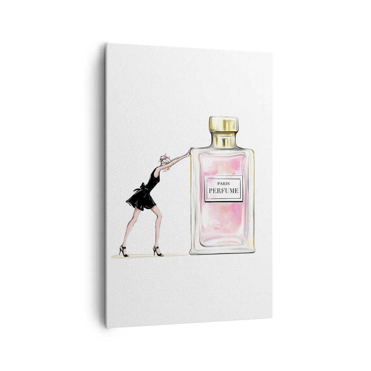 Cuadro sobre lienzo - Impresión de Imagen - Una mujer con un vestido negro junto a un frasco de perfume. - 80x120cm - La esencia de la feminidad - Decoración de pared moderna para salón y dormitorio ARTTOR