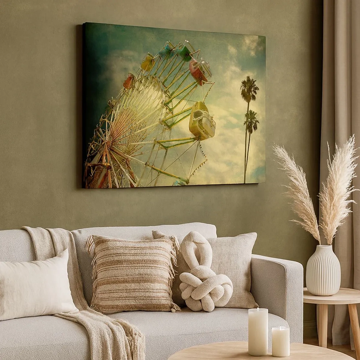 Cuadro sobre lienzo - Impresión de Imagen - Fotografía retro de una noria con palmeras contra el cielo. - 70x50cm - Será, será un día estupendo.... - Decoración de pared moderna para salón y dormitorio ARTTOR