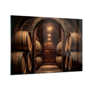 Cuadro sobre vidrio - Impresiones sobre Vidrio - Un viñedo con barricas y una bodega iluminada llena de botellas. - 100x70cm - Sótano atmosférico - Decoración de pared moderna para salón y dormitorio ARTTOR