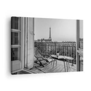Cuadro sobre lienzo - Impresión de Imagen - Vista de la Torre Eiffel desde el balcón con tumbonas y una mesa. - 70x50cm - Una tarde parisina - Decoración de pared moderna para salón y dormitorio ARTTOR
