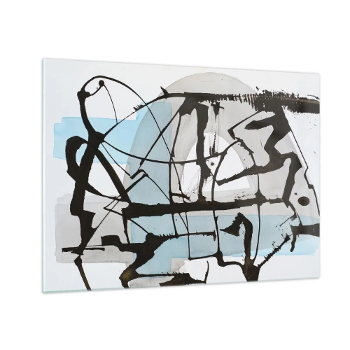 Cuadro sobre vidrio - Impresiones sobre Vidrio - Composición abstracta con un boceto negro y manchas azules. - 70x50cm - Azul a pesar de todo - Decoración de pared moderna para salón y dormitorio ARTTOR