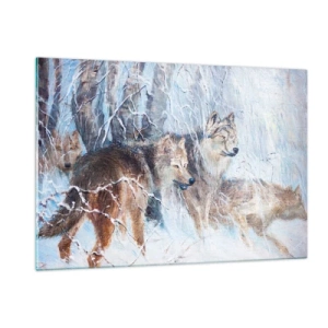 Cuadro sobre vidrio - Impresiones sobre Vidrio - Tres lobos en un bosque invernal rodeado de nieve. - 120x80cm - ¡Cuidado! Aquí viene... - Decoración de pared moderna para salón y dormitorio ARTTOR