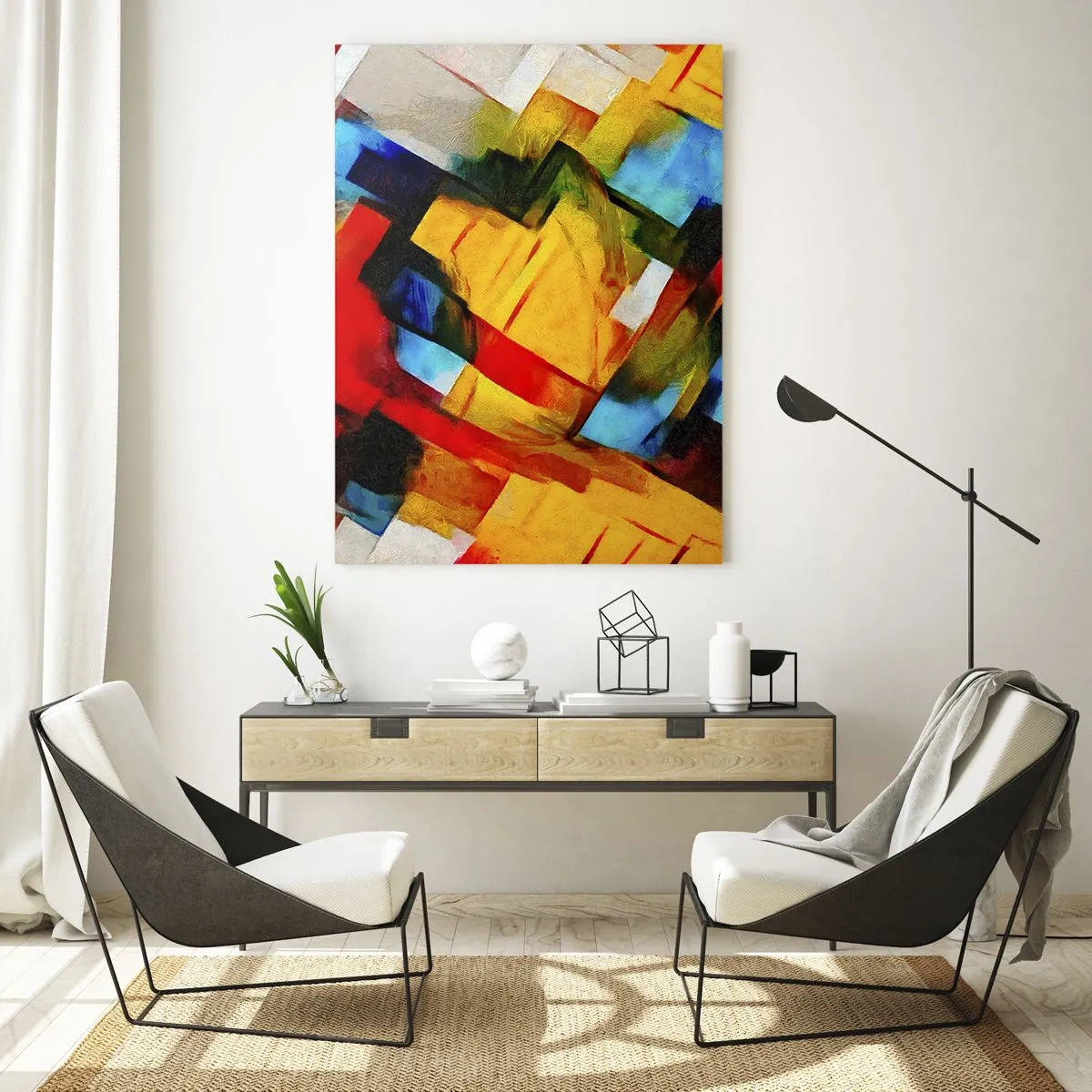 Cuadro sobre vidrio - Impresiones sobre Vidrio - Composición abstracta de formas geométricas - 50x70cm - Un popurrí multicolor - Decoración de pared moderna para salón y dormitorio ARTTOR