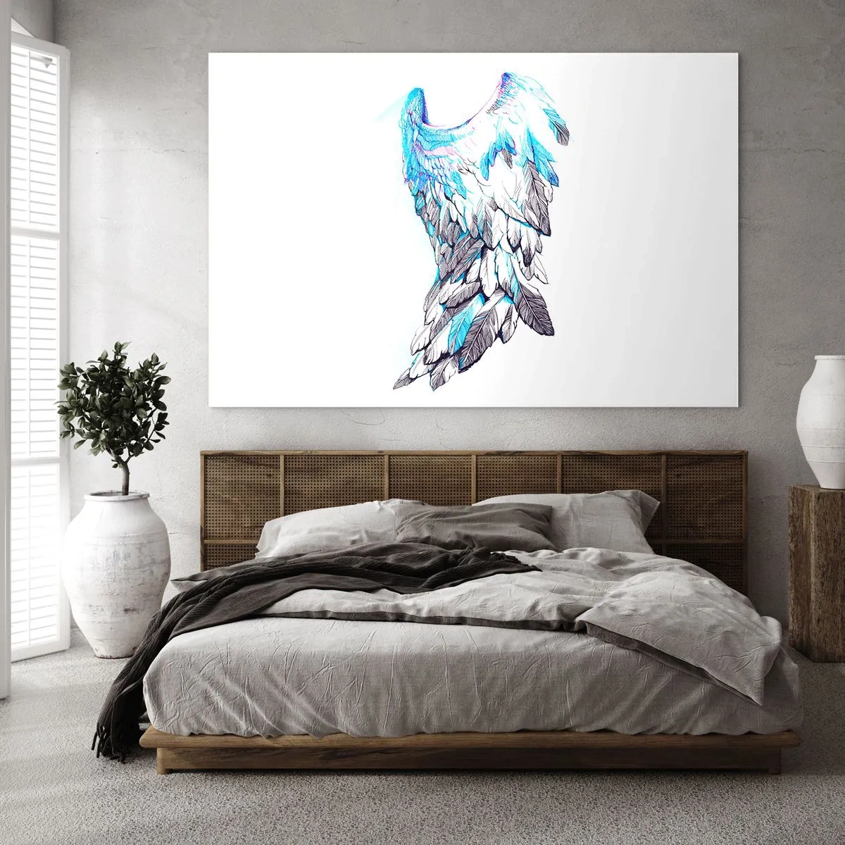 Cuadro sobre vidrio - Impresiones sobre Vidrio - Alas de ángel en tonos azules y grises. - 70x50cm - Necesito alas - Decoración de pared moderna para salón y dormitorio ARTTOR