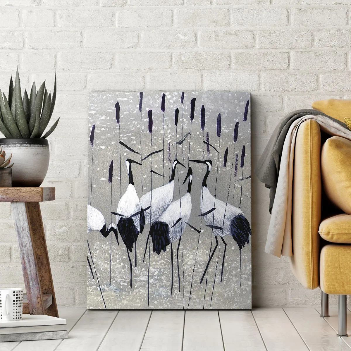 Cuadro sobre lienzo - Impresión de Imagen - Garzas en la hierba contra un fondo tranquilo - 50x70cm - Entre los suyos - Decoración de pared moderna para salón y dormitorio ARTTOR