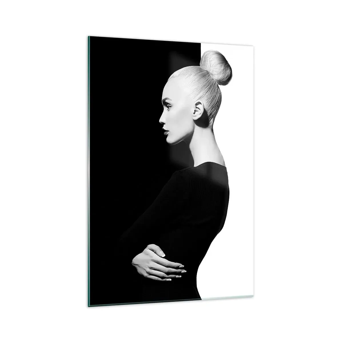 Cuadro sobre vidrio - Impresiones sobre Vidrio - Retrato elegante de una mujer sobre un fondo blanco y negro. - 70x100cm - Simplemente femenina - Decoración de pared moderna para salón y dormitorio ARTTOR