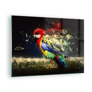 Cuadro sobre vidrio - Impresiones sobre Vidrio - Un loro colorido en una composición artística con efecto destrozado. - 70x50cm - Un mensajero del glamour - Decoración de pared moderna para salón y dormitorio ARTTOR