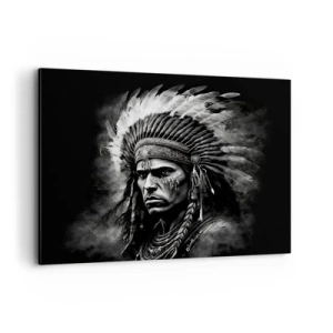 Cuadro sobre lienzo - Impresión de Imagen - Retrato de un jefe con un tocado de plumas sobre un fondo negro - 100x70cm - Líder y guerrero - Decoración de pared moderna para salón y dormitorio ARTTOR