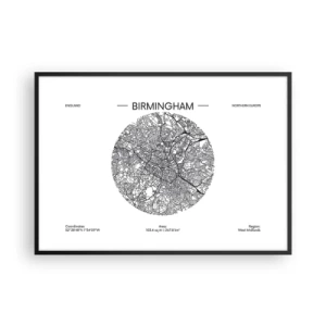 Póster en marco negro - Un mapa minimalista en blanco y negro de Birmingham con detalles precisos. - 100x70cm - Anatomía de Birmingham - Decoración de pared moderna para salón y dormitorio ARTTOR