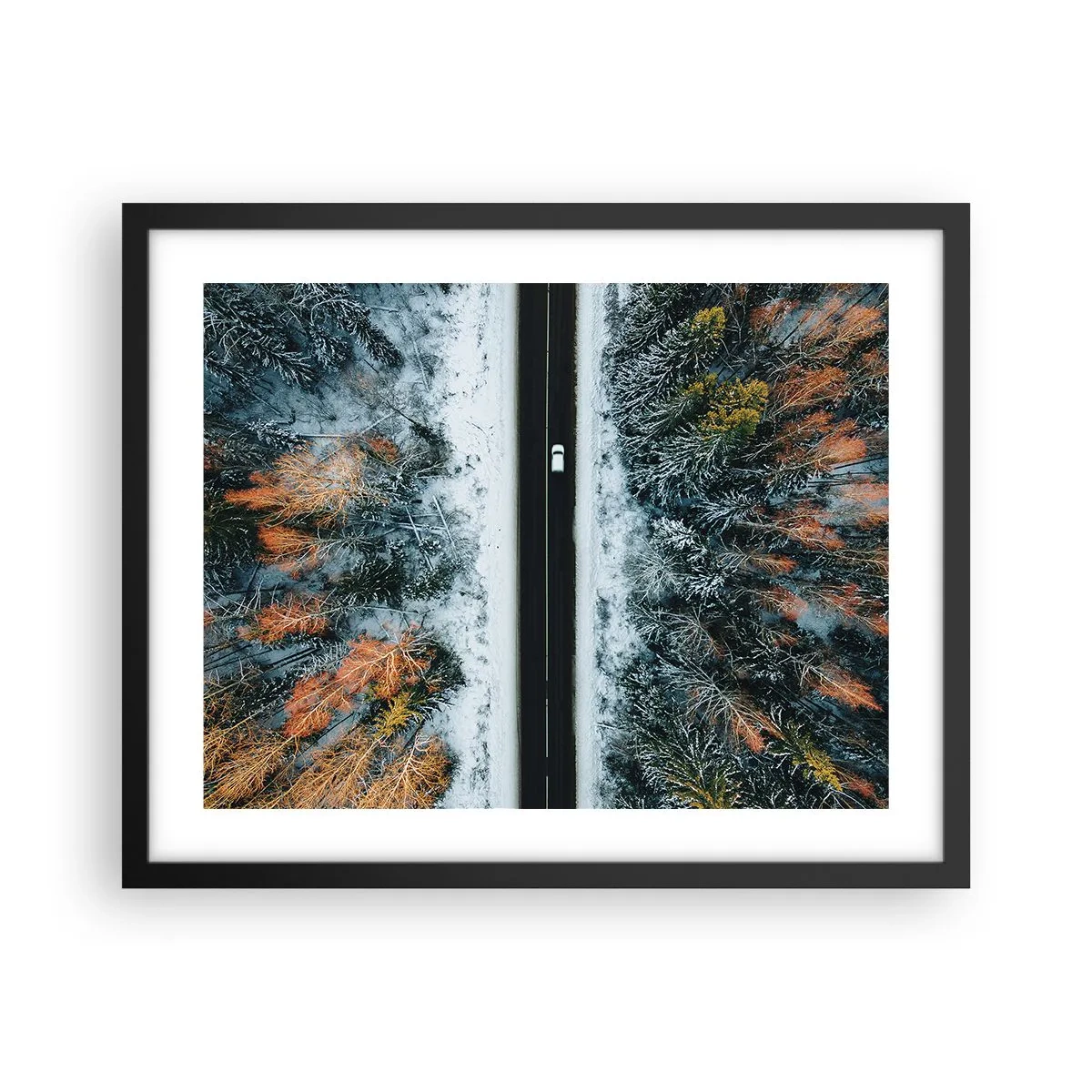 Póster en marco negro - Atravesar el bosque en invierno - 50x40 cm
