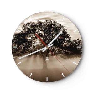Reloj de pared - Reloj de vidrio - Árbol en una escena de niebla al amanecer en sepia - 30x30cm - Un árbol de buenas noticias  - Decoración de pared moderna para salón, cocina y dormitorio ARTTOR