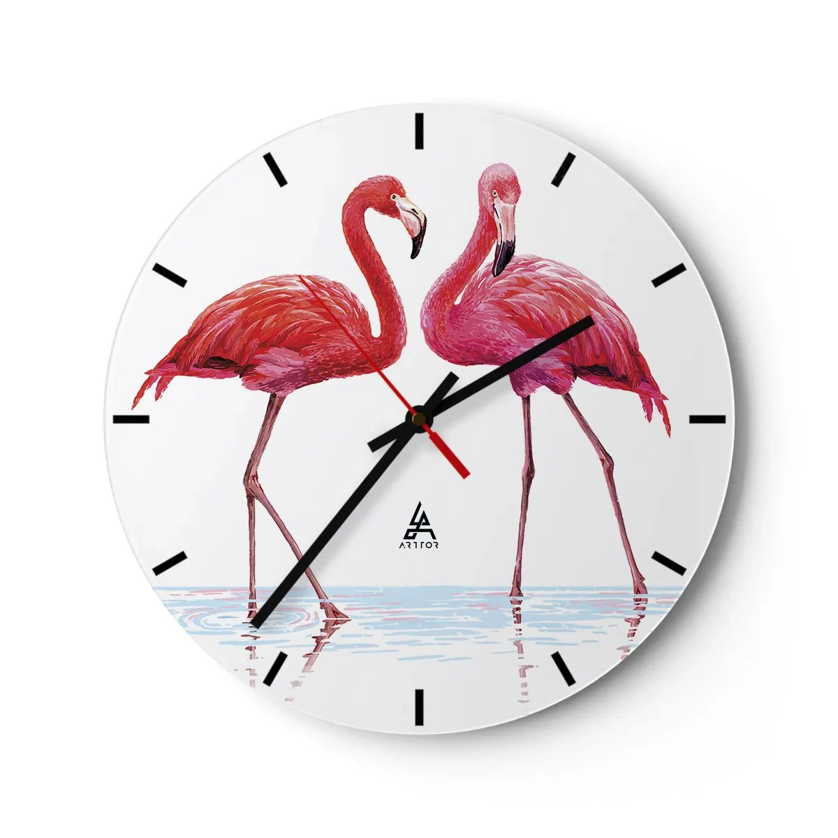 Reloj de pared - Reloj de vidrio - Dos flamencos rosados de pie en el agua. - 30x30cm - Cita rosada - Decoración de pared moderna para salón, cocina y dormitorio ARTTOR