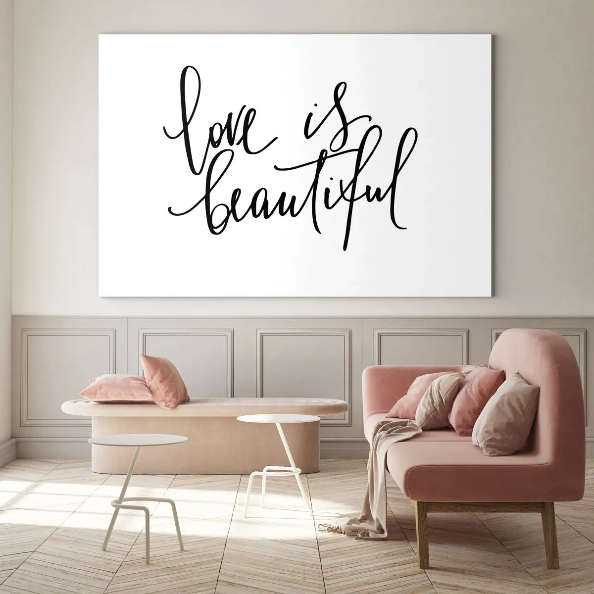 Cuadro sobre vidrio - Impresiones sobre Vidrio - La cita "el amor es hermoso" en un elegante estilo escrito a mano sobre un fondo blanco. - 120x80cm - Leer y repetir - Decoración de pared moderna para salón y dormitorio ARTTOR
