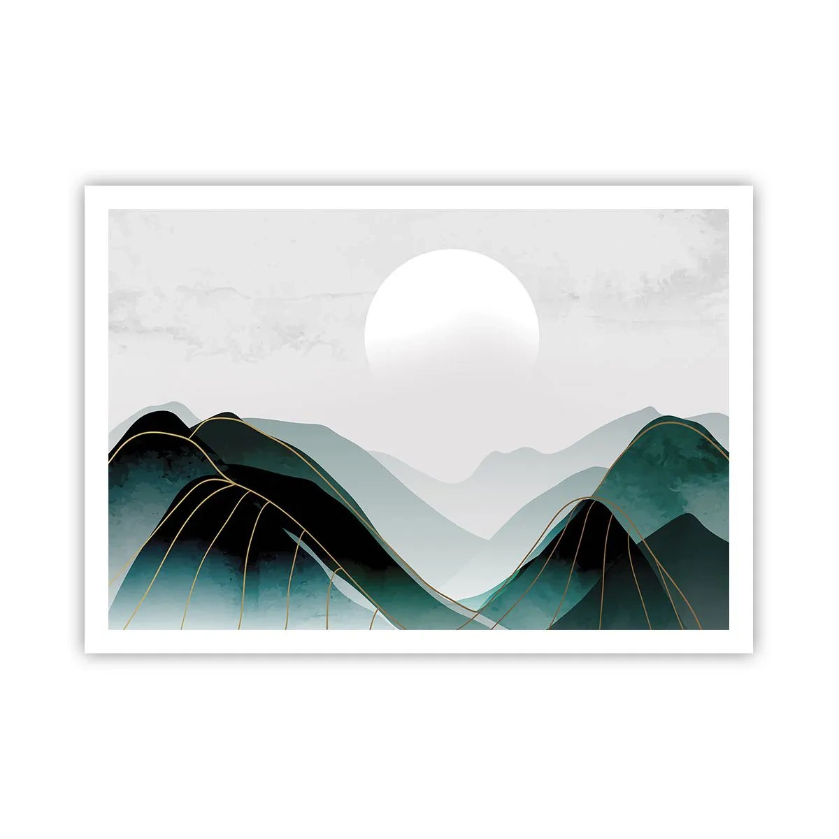 Póster - Paisaje montañoso abstracto con la luna y líneas doradas. - 100x70cm - Con toda la majestuosidad - Decoración de pared moderna para salón y dormitorio ARTTOR