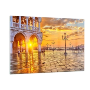 Cuadro sobre vidrio - Impresiones sobre Vidrio - Amanecer sobre las arcadas y la plaza - 120x80cm - ¿Dónde están todos? - Decoración de pared moderna para salón y dormitorio ARTTOR