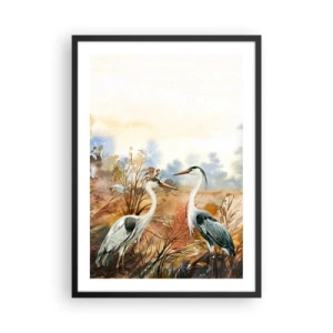 Póster en marco negro - Grúas sobre el fondo de un paisaje otoñal en acuarela. - 50x70cm - ¿A dónde nos dirigimos en otoño? - Decoración de pared moderna para salón y dormitorio ARTTOR