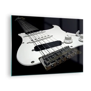 Cuadro sobre vidrio - Impresiones sobre Vidrio - Primer plano de una guitarra eléctrica blanca sobre un fondo oscuro - 70x50cm - Oculto en blanco está el sonido - Decoración de pared moderna para salón y dormitorio ARTTOR