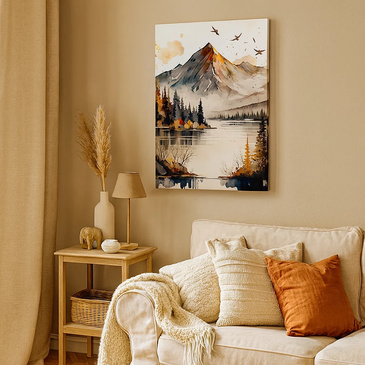 Cuadro sobre lienzo - Impresión de Imagen - Paisaje otoñal de montaña con lago y árboles en acuarela - 50x70cm - Otoño dorado en las montañas - Decoración de pared moderna para salón y dormitorio ARTTOR