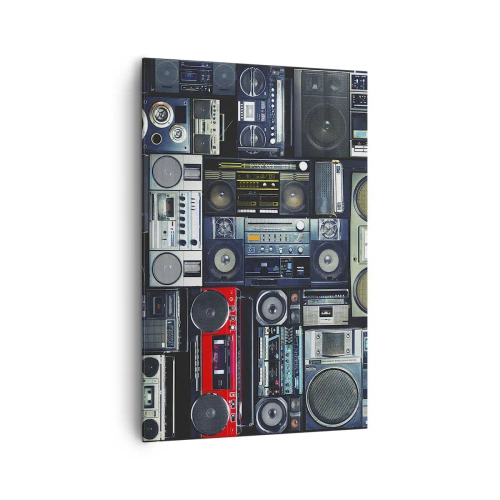 Cuadro sobre lienzo - Impresión de Imagen - Un collage de grabadoras retro y altavoces vintage. - 80x120cm - Nostalgia de los 80. - Decoración de pared moderna para salón y dormitorio ARTTOR