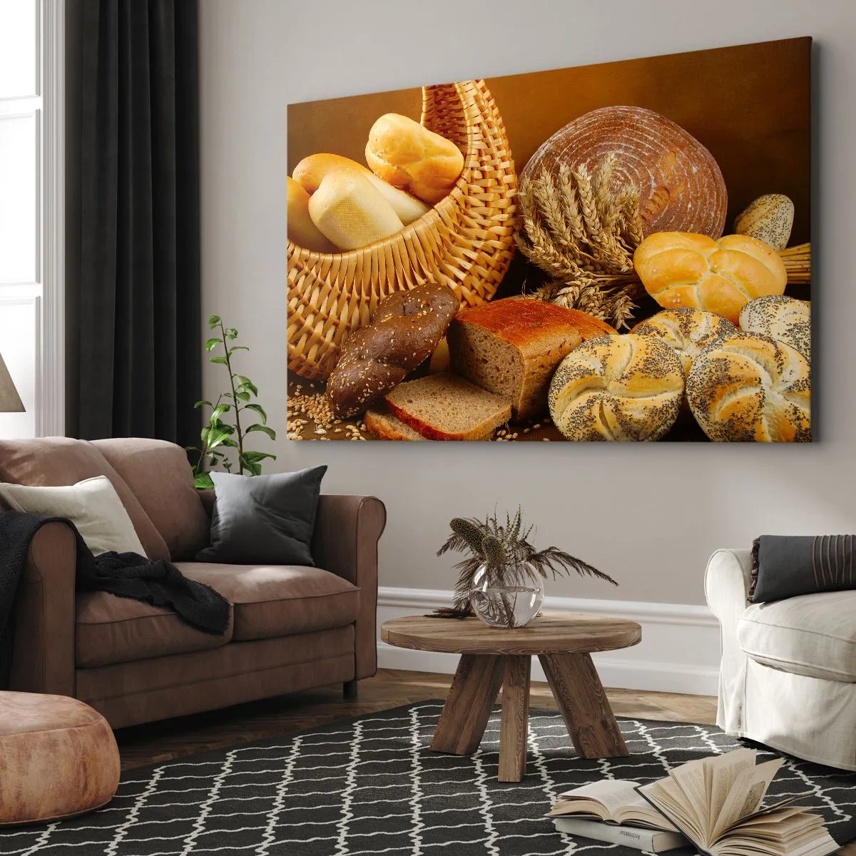 Cuadro sobre lienzo - Impresión de Imagen - Varios panes en una cesta de mimbre sobre un fondo dorado. - 120x80cm - Nos han vuelto a hornear - Decoración de pared moderna para salón y dormitorio ARTTOR