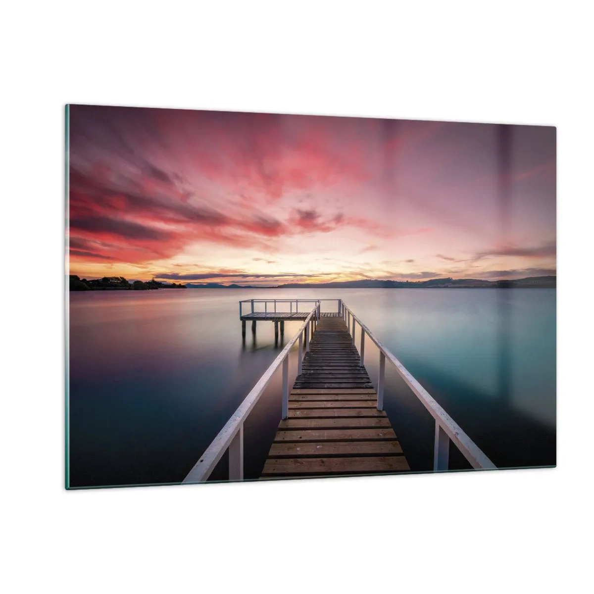 Cuadro sobre vidrio - Impresiones sobre Vidrio - Muelle junto al lago al atardecer con un cielo rosado - 120x80cm - La suave llama del atardecer - Decoración de pared moderna para salón y dormitorio ARTTOR
