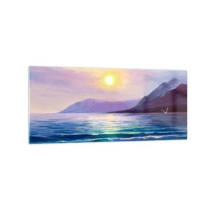 Cuadro sobre vidrio - Impresiones sobre Vidrio - Un pintoresco paisaje marino al atardecer con olas y montañas. - 120x50cm - Cristal de agua y aire - Decoración de pared moderna para salón y dormitorio ARTTOR
