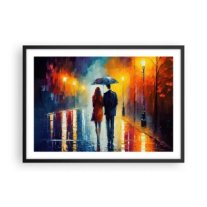 Póster en marco negro - Una pareja bajo un paraguas caminando por una colorida ciudad nocturna. - 70x50cm - Juntos en una noche llena de color - Decoración de pared moderna para salón y dormitorio ARTTOR